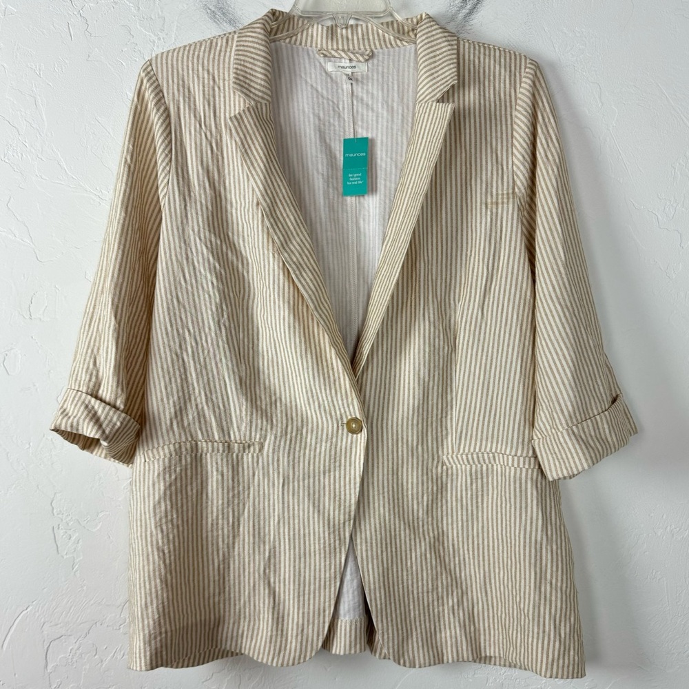 Maurices Blazer Jacket Coat Striped Print Beige Cream White One Button‎ Pockets